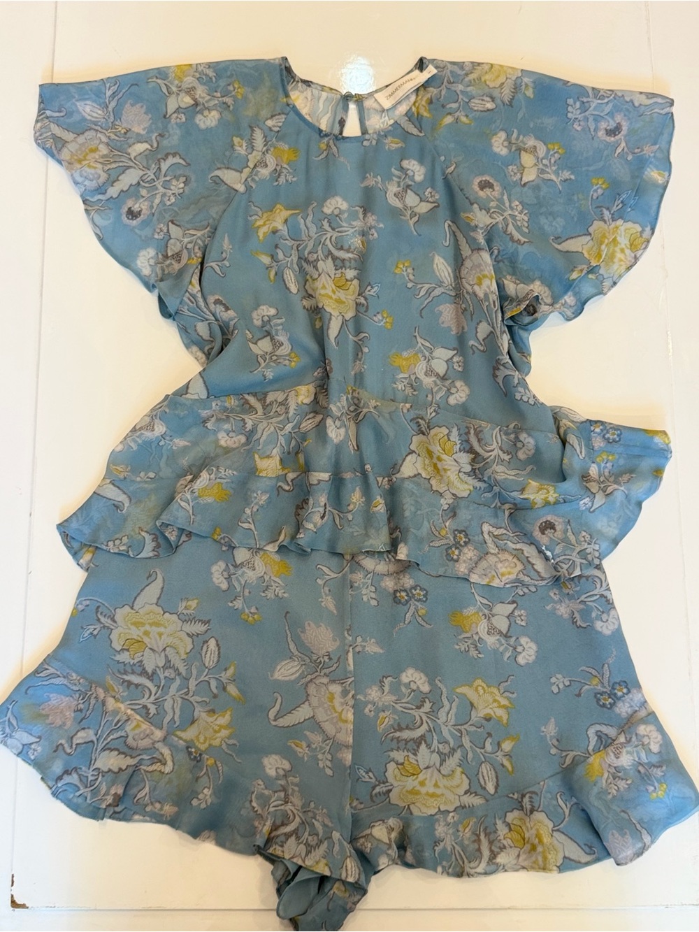 Zimmermann Blue Floral Ruffle Playsuit